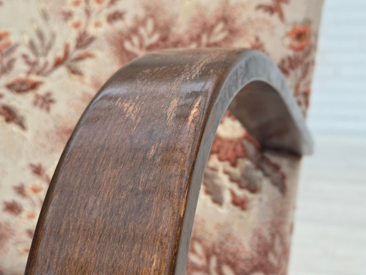 1950s, Danish artdeco armchair, furniture velour, beech wood, reupholstered.