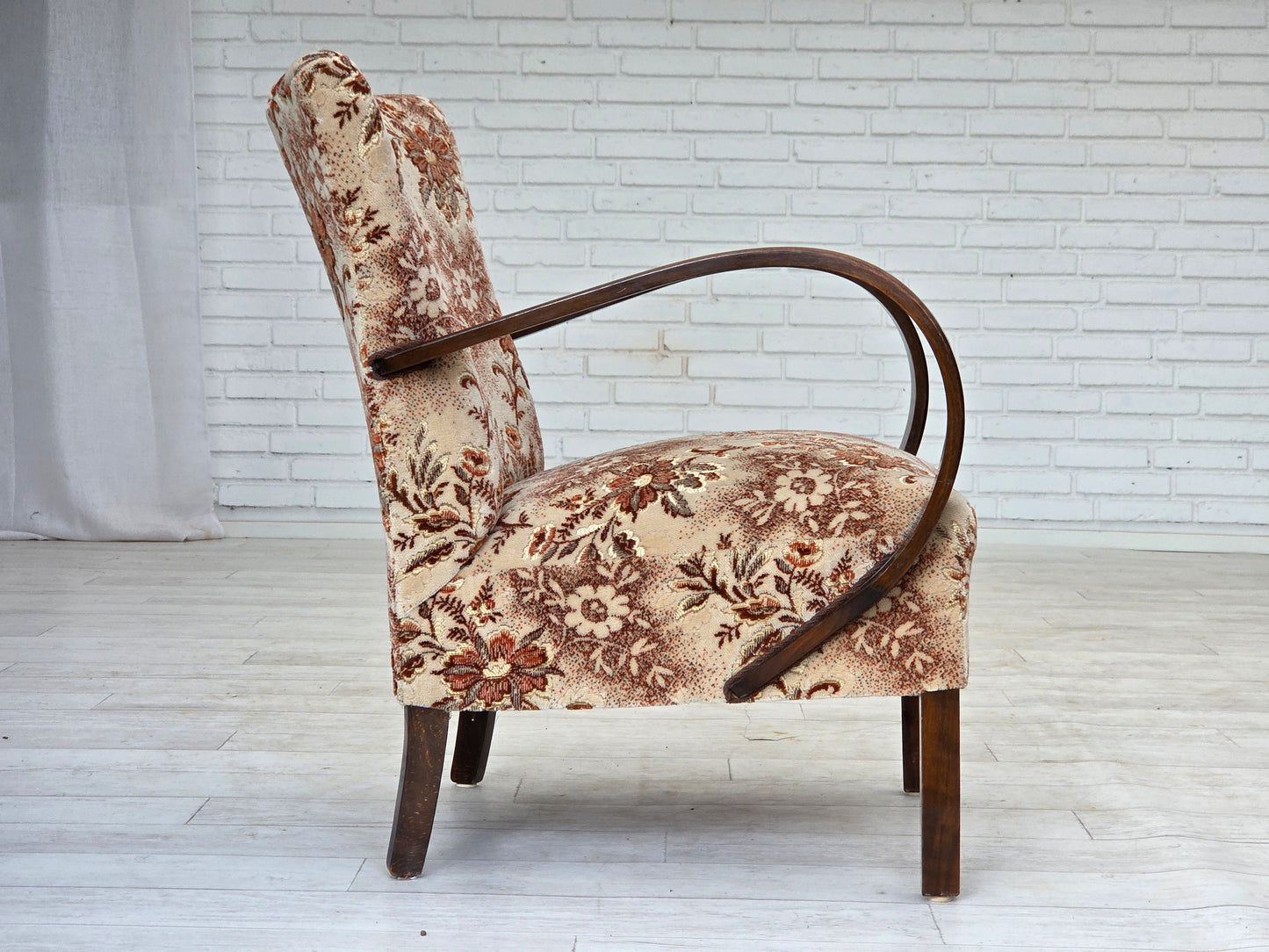 1950s, Danish artdeco armchair, furniture velour, beech wood, reupholstered.