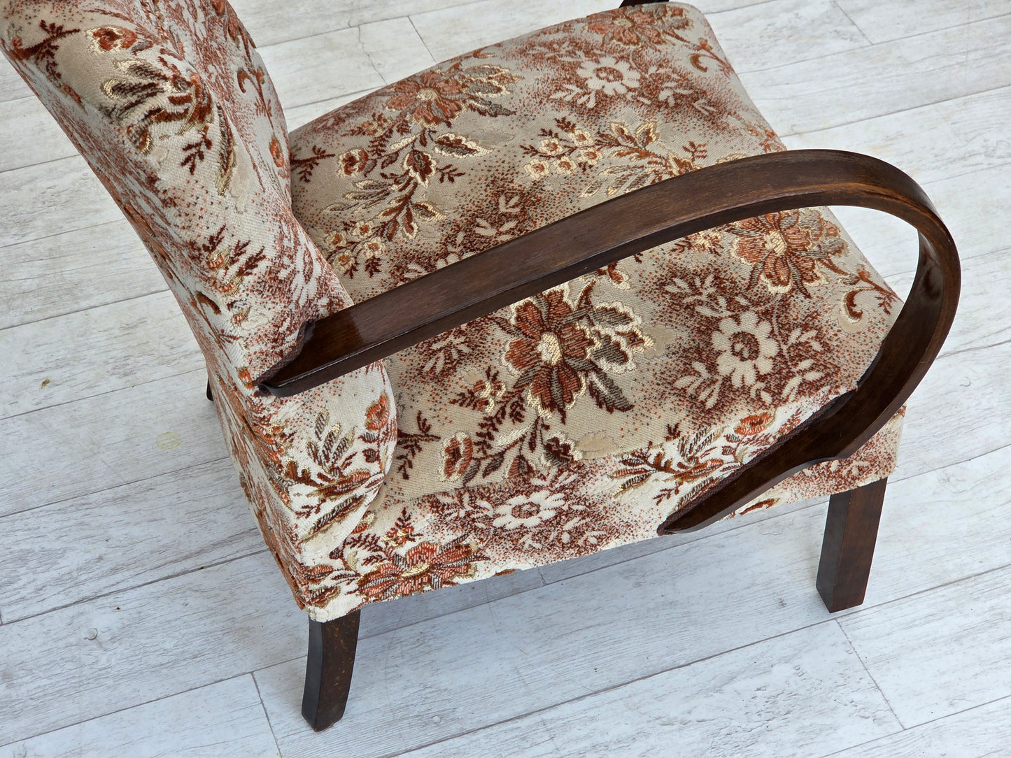 1950s, Danish artdeco armchair, furniture velour, beech wood, reupholstered.