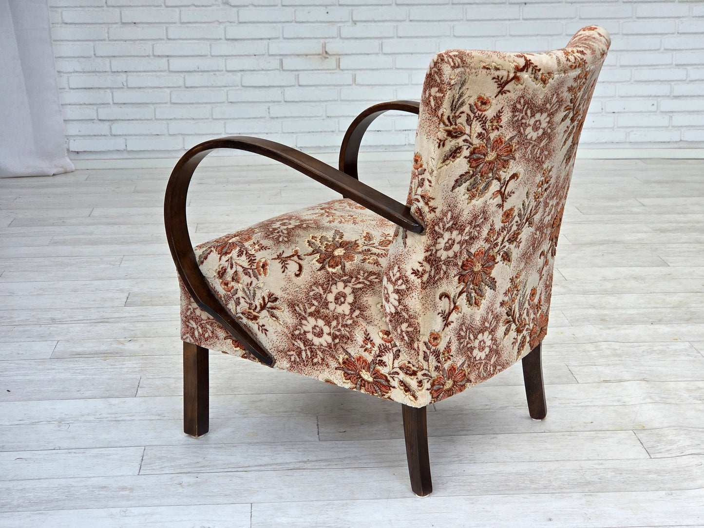1950s, Danish artdeco armchair, furniture velour, beech wood, reupholstered.
