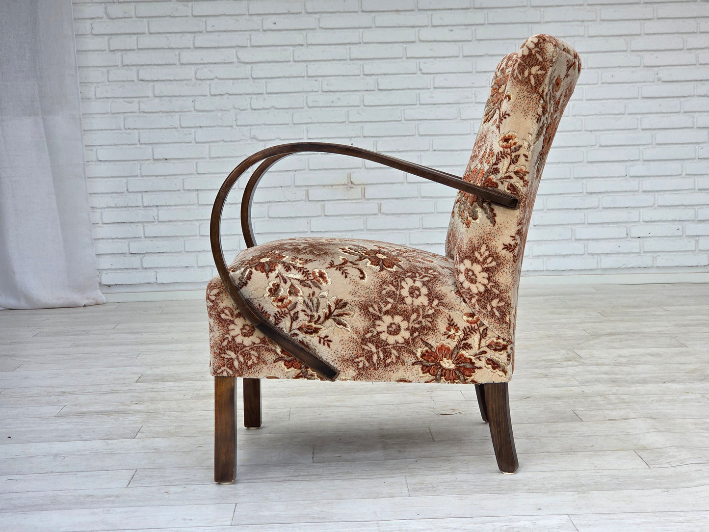 1950s, Danish artdeco armchair, furniture velour, beech wood, reupholstered.