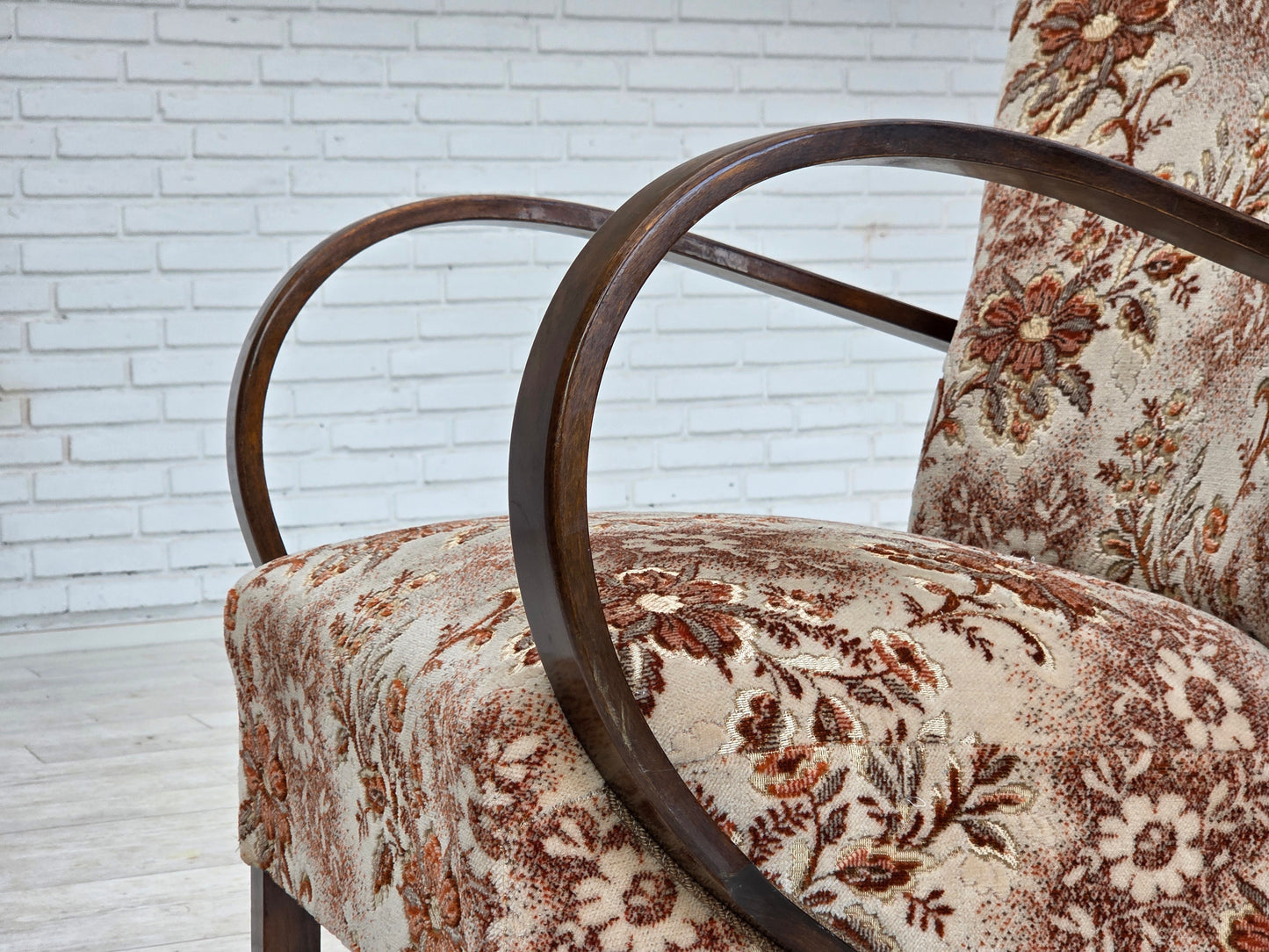 1950s, Danish artdeco armchair, furniture velour, beech wood, reupholstered.