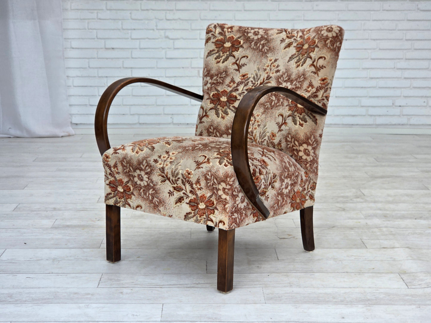 1950s, Danish artdeco armchair, furniture velour, beech wood, reupholstered.