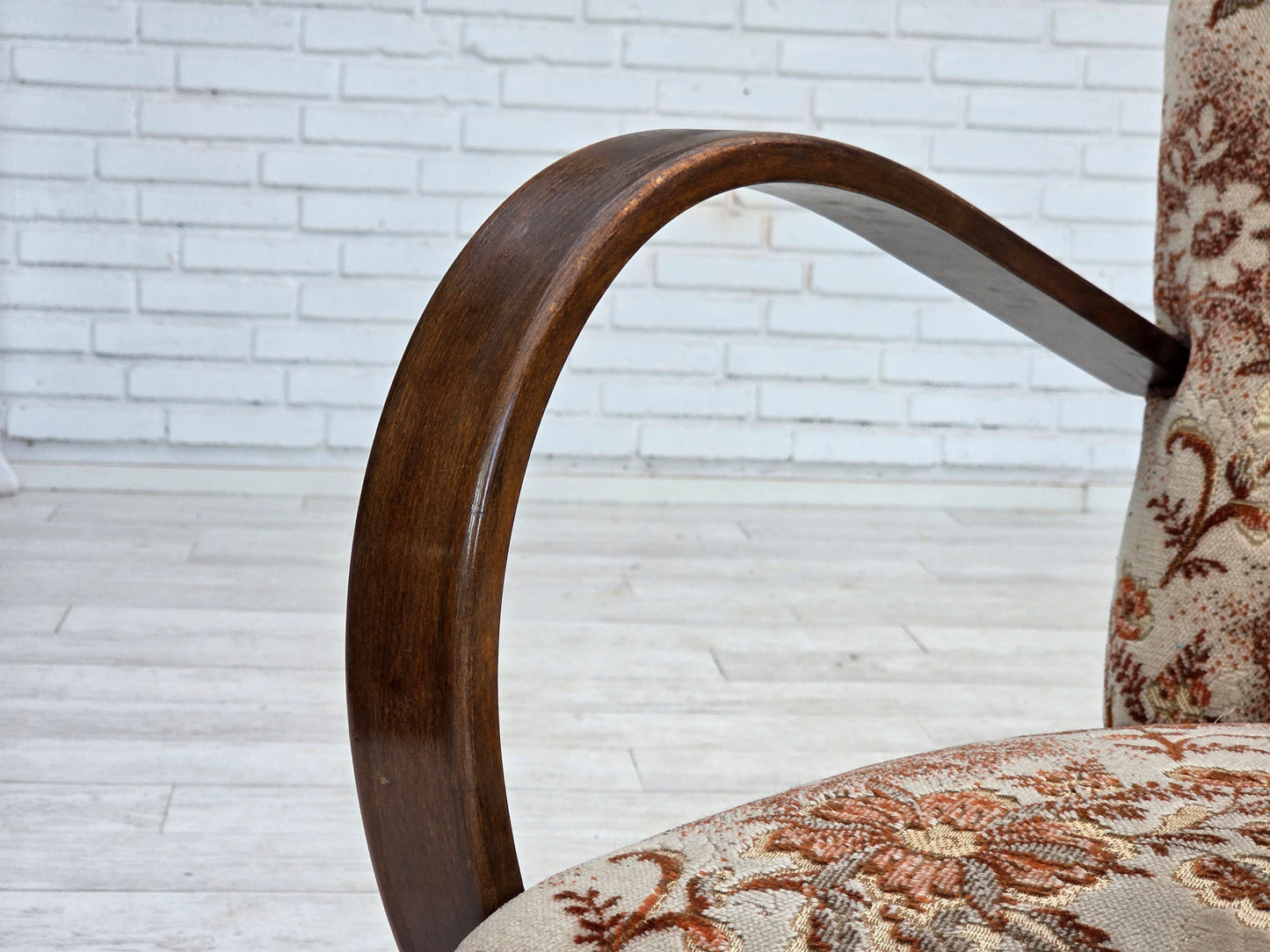 1950s, Danish artdeco armchair, furniture velour, beech wood, reupholstered.