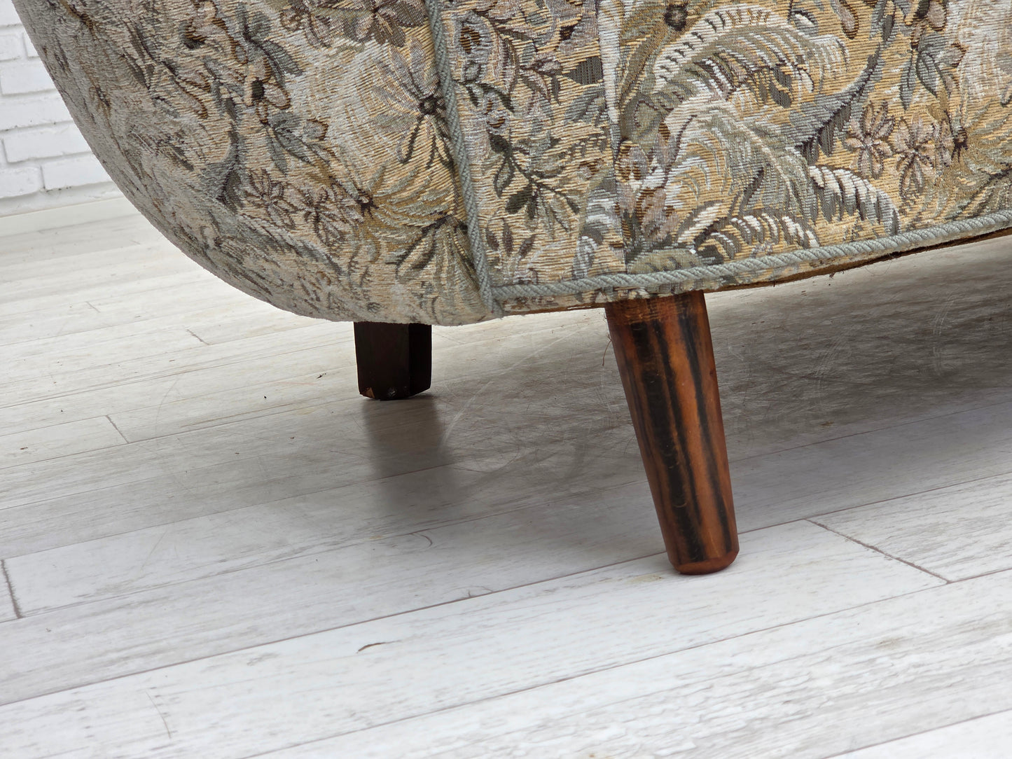 1970s, Danish 3 seater curved sofa, original multicolor furniture fabric, beech wood.