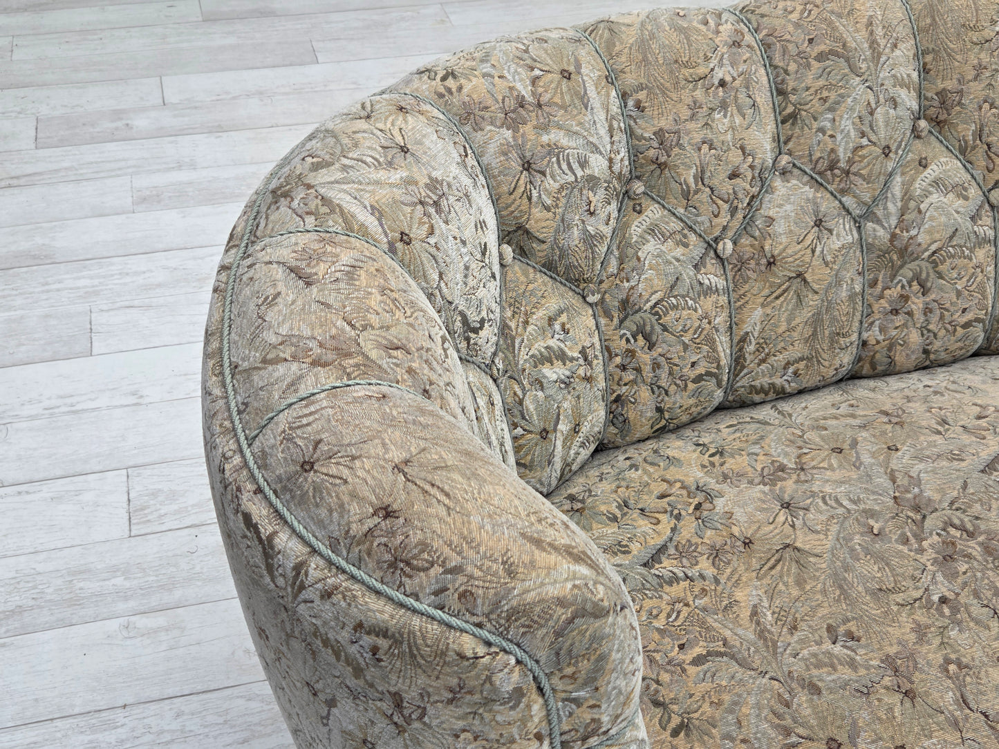 1970s, Danish 3 seater curved sofa, original multicolor furniture fabric, beech wood.