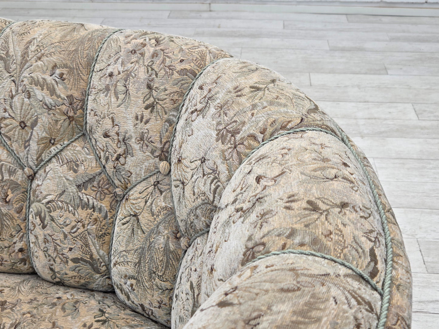 1970s, Danish 3 seater curved sofa, original multicolor furniture fabric, beech wood.