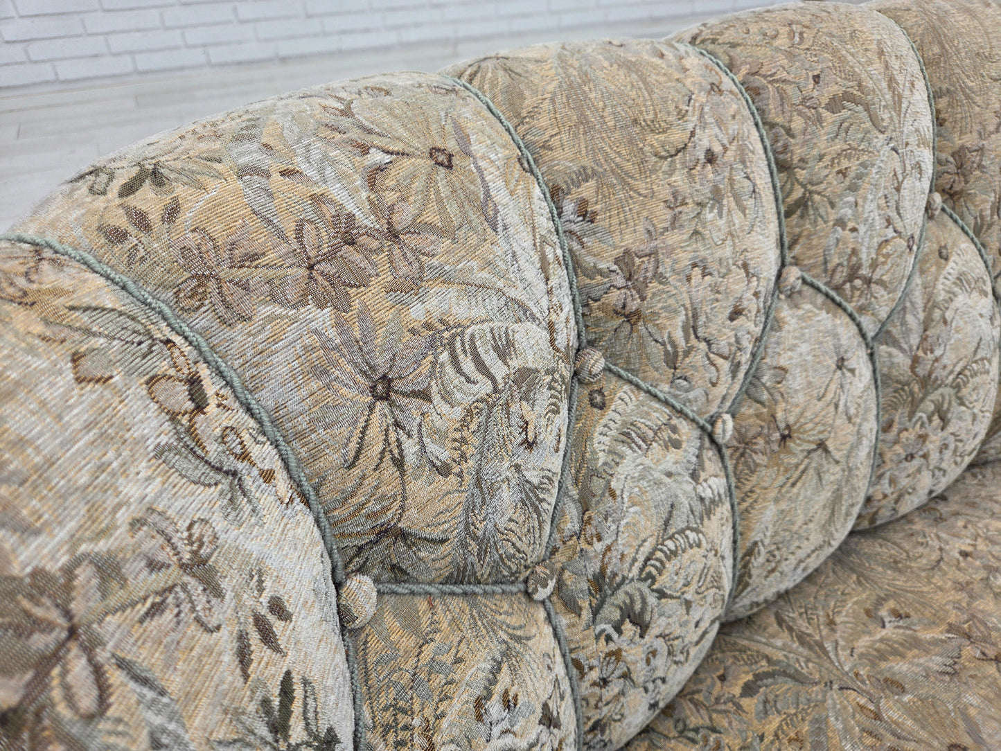 1970s, Danish 3 seater curved sofa, original multicolor furniture fabric, beech wood.