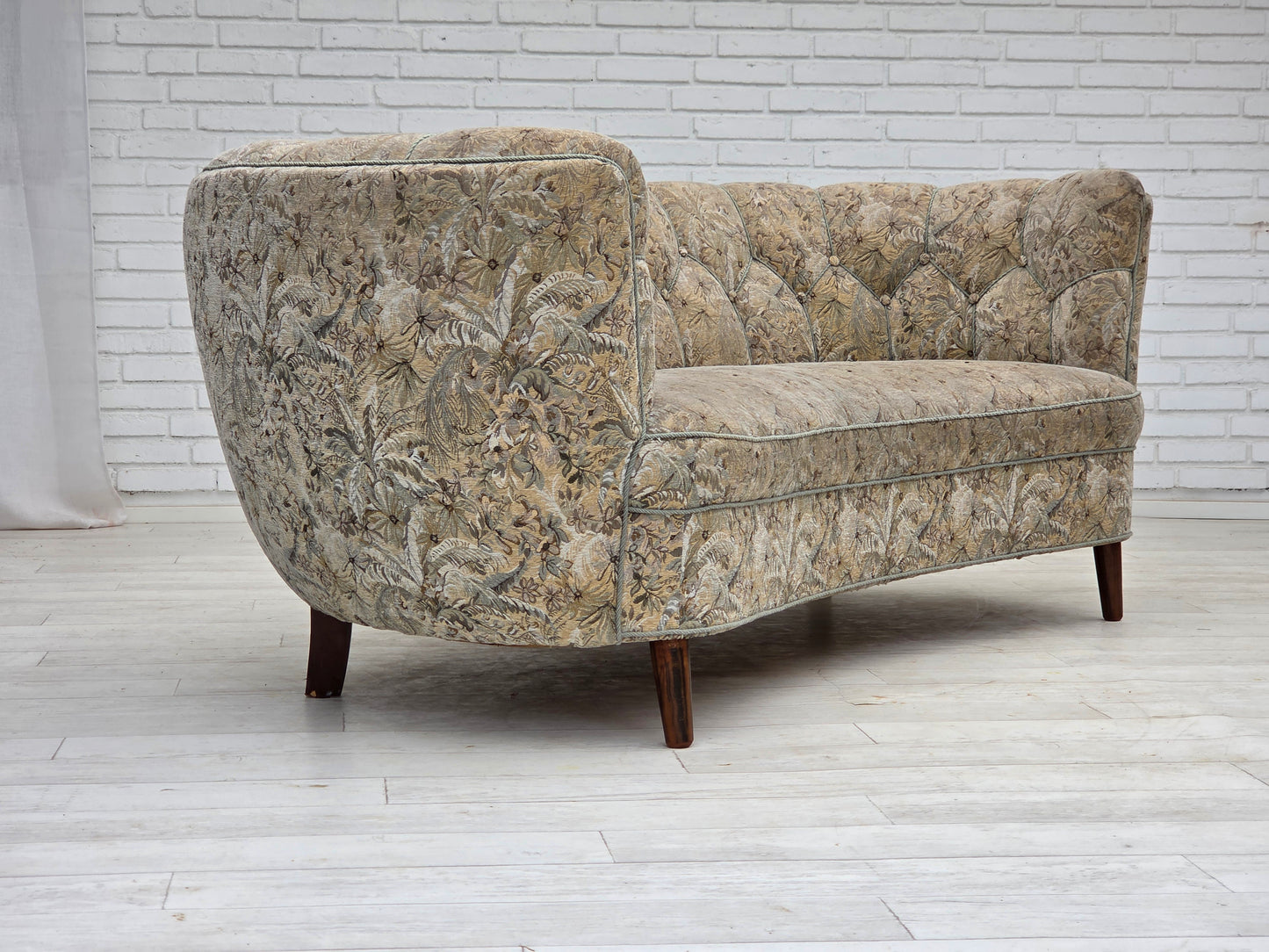 1970s, Danish 3 seater curved sofa, original multicolor furniture fabric, beech wood.