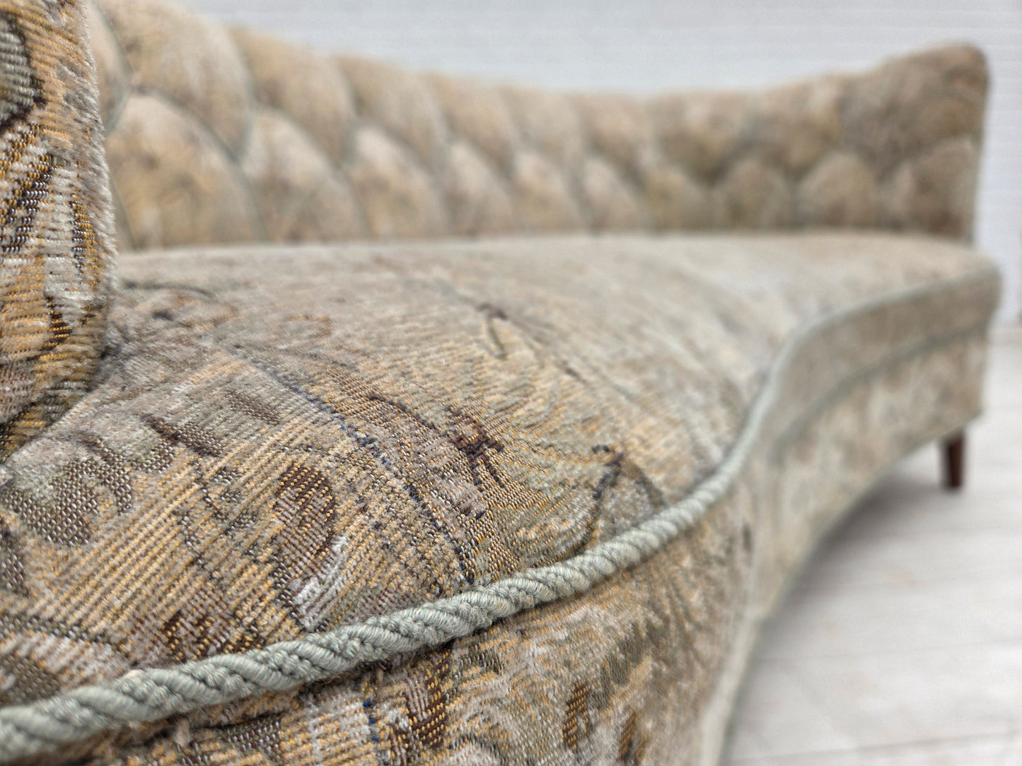 1970s, Danish 3 seater curved sofa, original multicolor furniture fabric, beech wood.