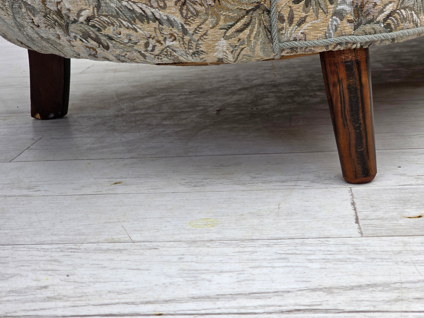 1970s, Danish 3 seater curved sofa, original multicolor furniture fabric, beech wood.