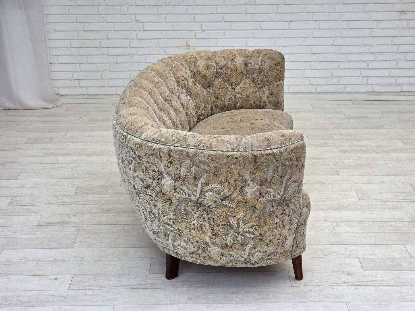 1970s, Danish 3 seater curved sofa, original multicolor furniture fabric, beech wood.