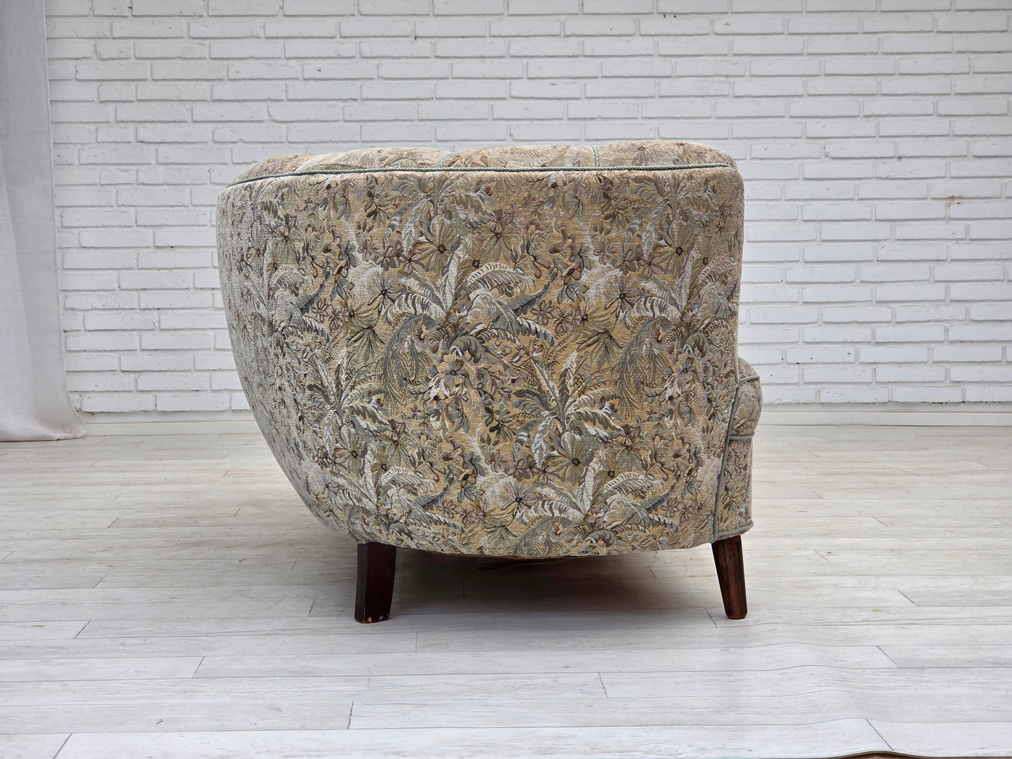 1970s, Danish 3 seater curved sofa, original multicolor furniture fabric, beech wood.