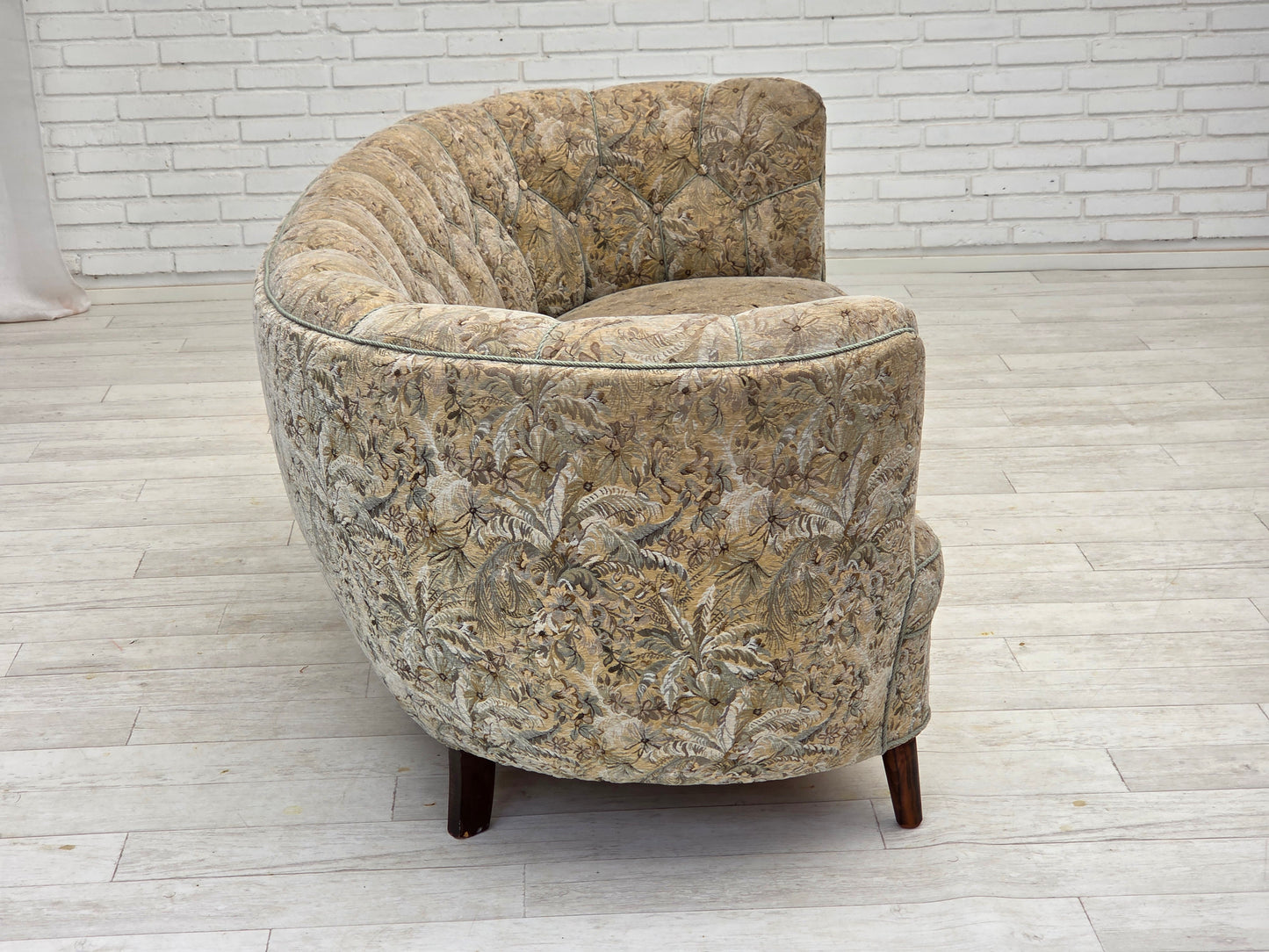 1970s, Danish 3 seater curved sofa, original multicolor furniture fabric, beech wood.