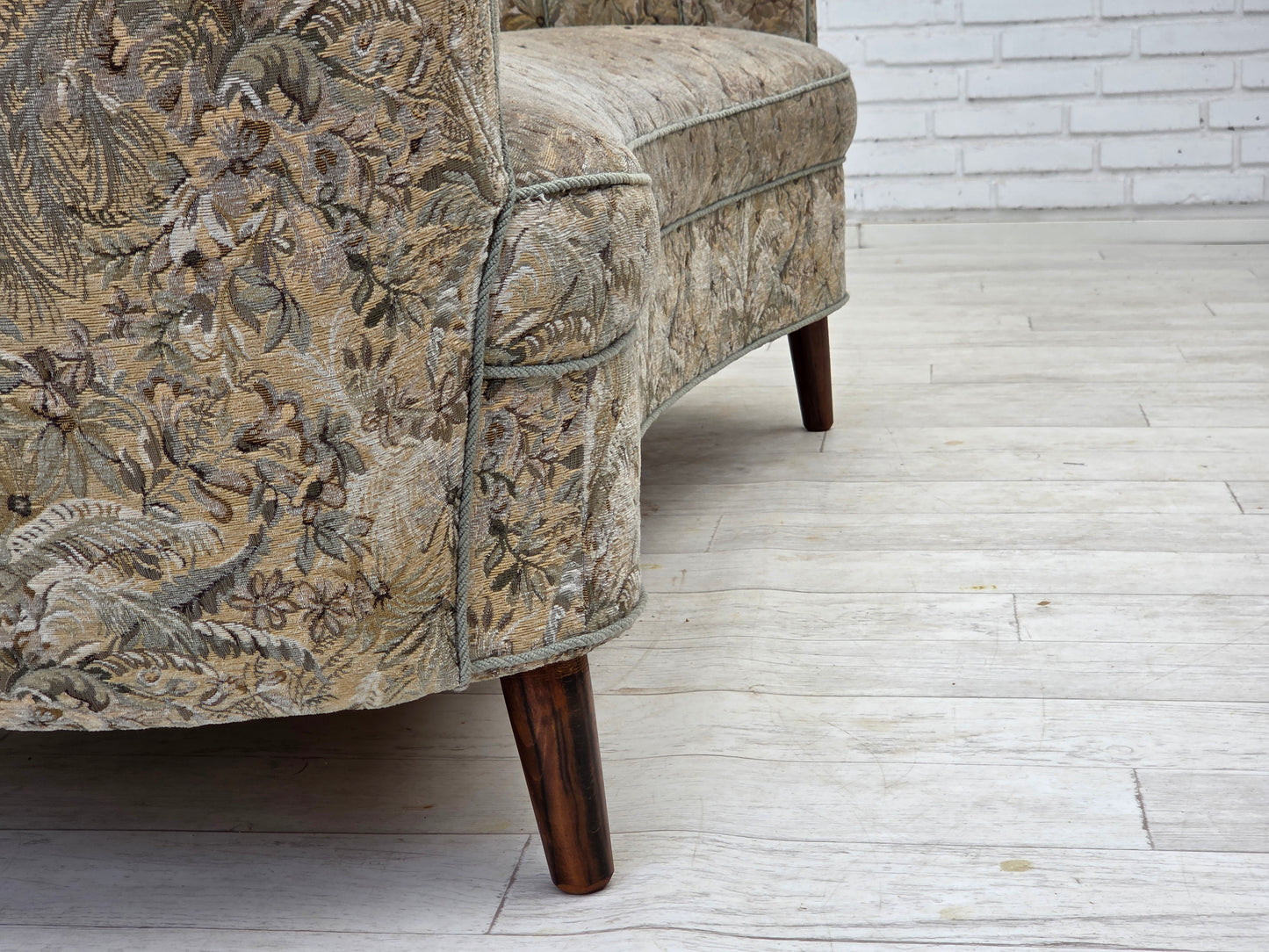 1970s, Danish 3 seater curved sofa, original multicolor furniture fabric, beech wood.