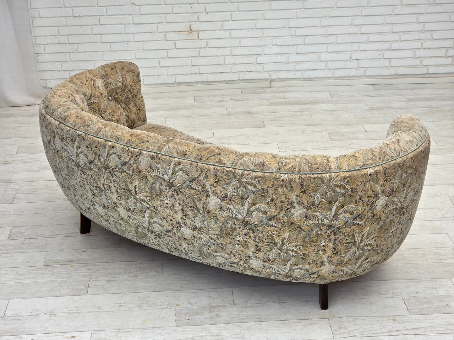 1970s, Danish 3 seater curved sofa, original multicolor furniture fabric, beech wood.