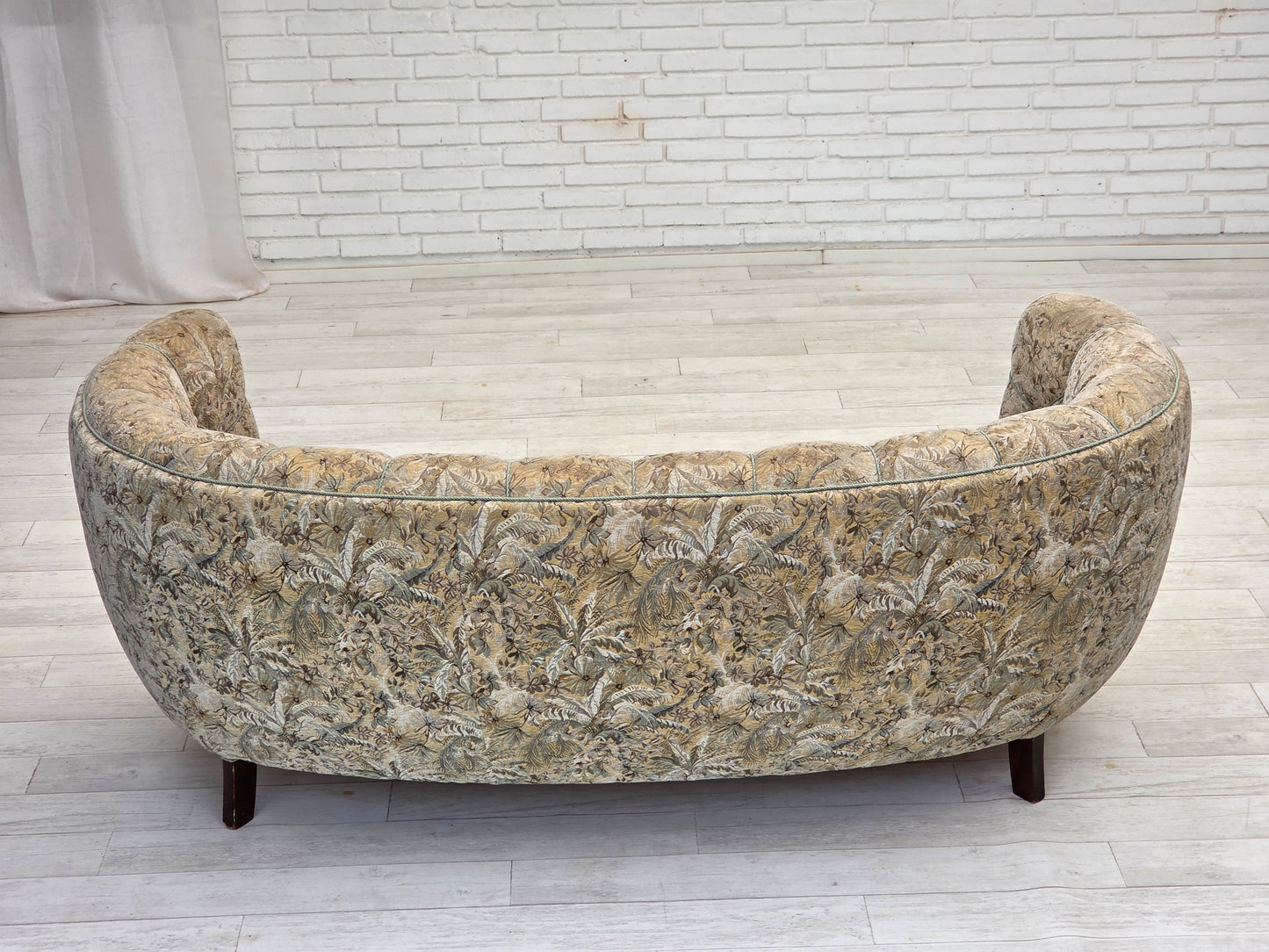 1970s, Danish 3 seater curved sofa, original multicolor furniture fabric, beech wood.