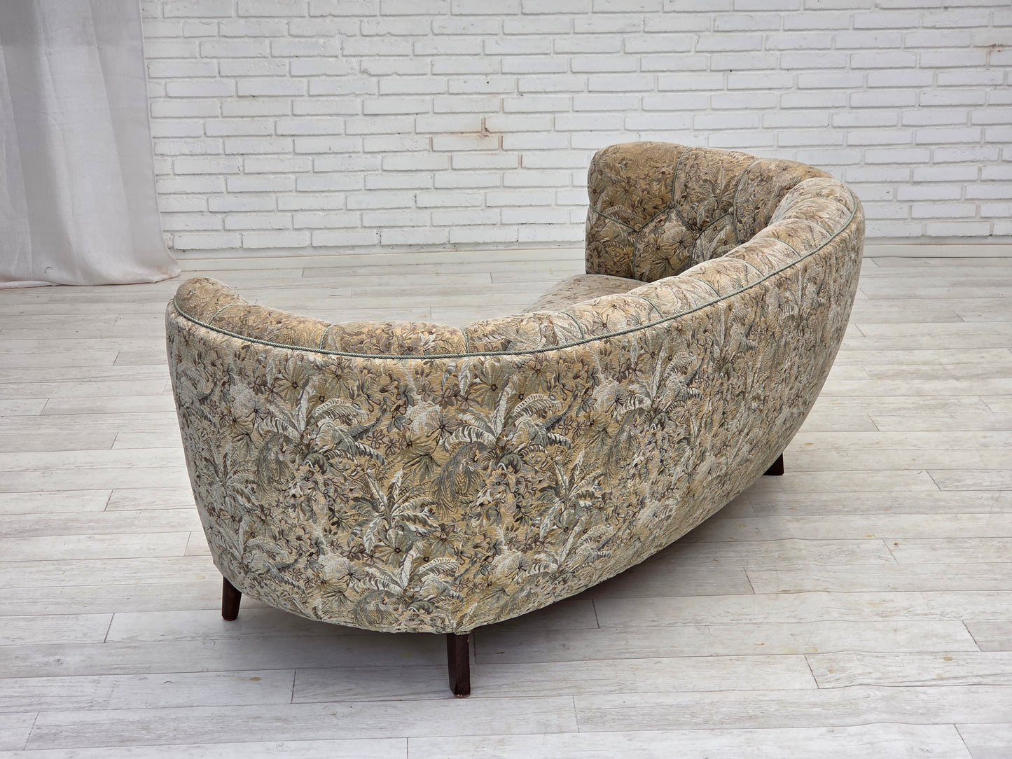 1970s, Danish 3 seater curved sofa, original multicolor furniture fabric, beech wood.