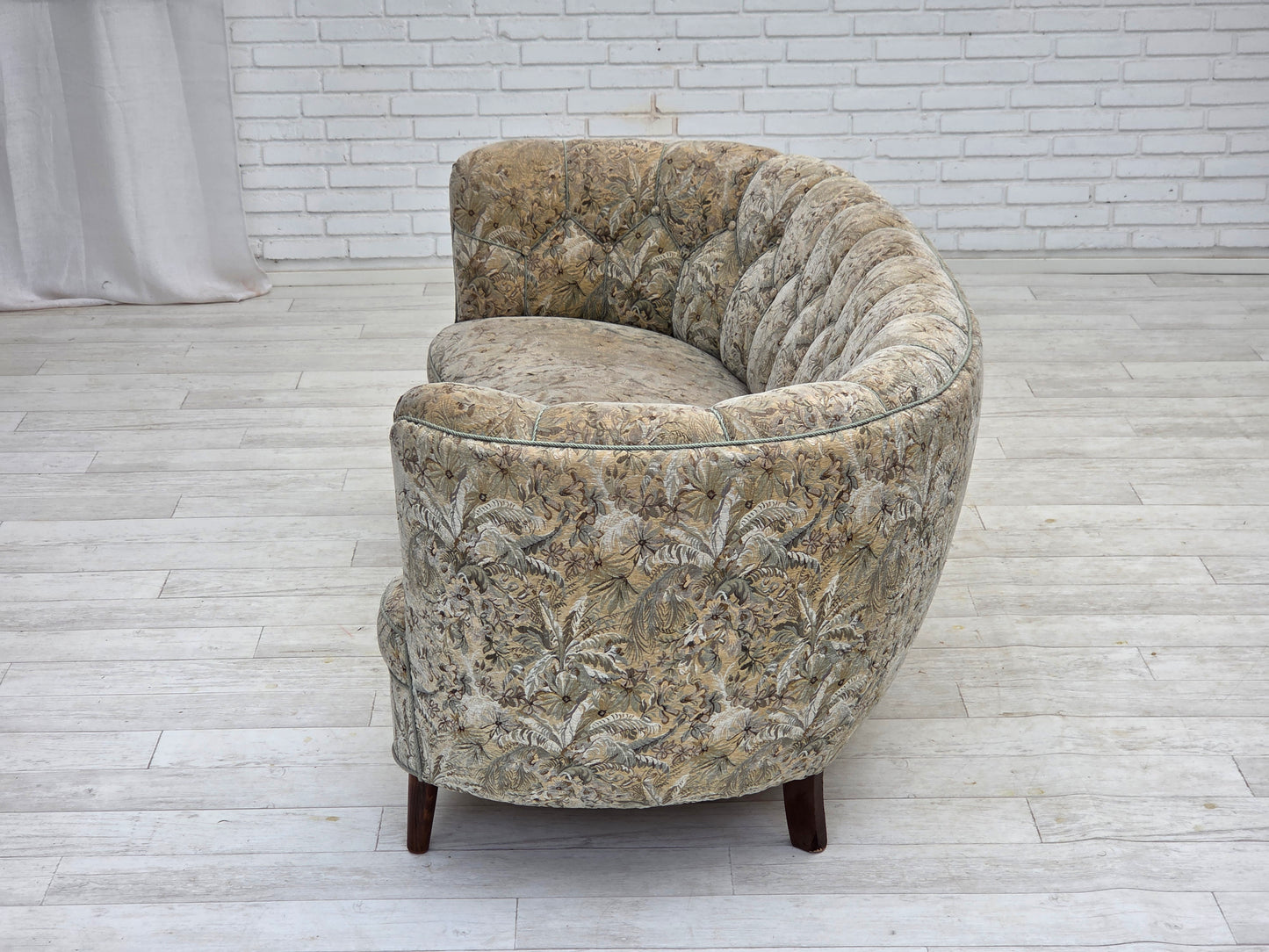 1970s, Danish 3 seater curved sofa, original multicolor furniture fabric, beech wood.