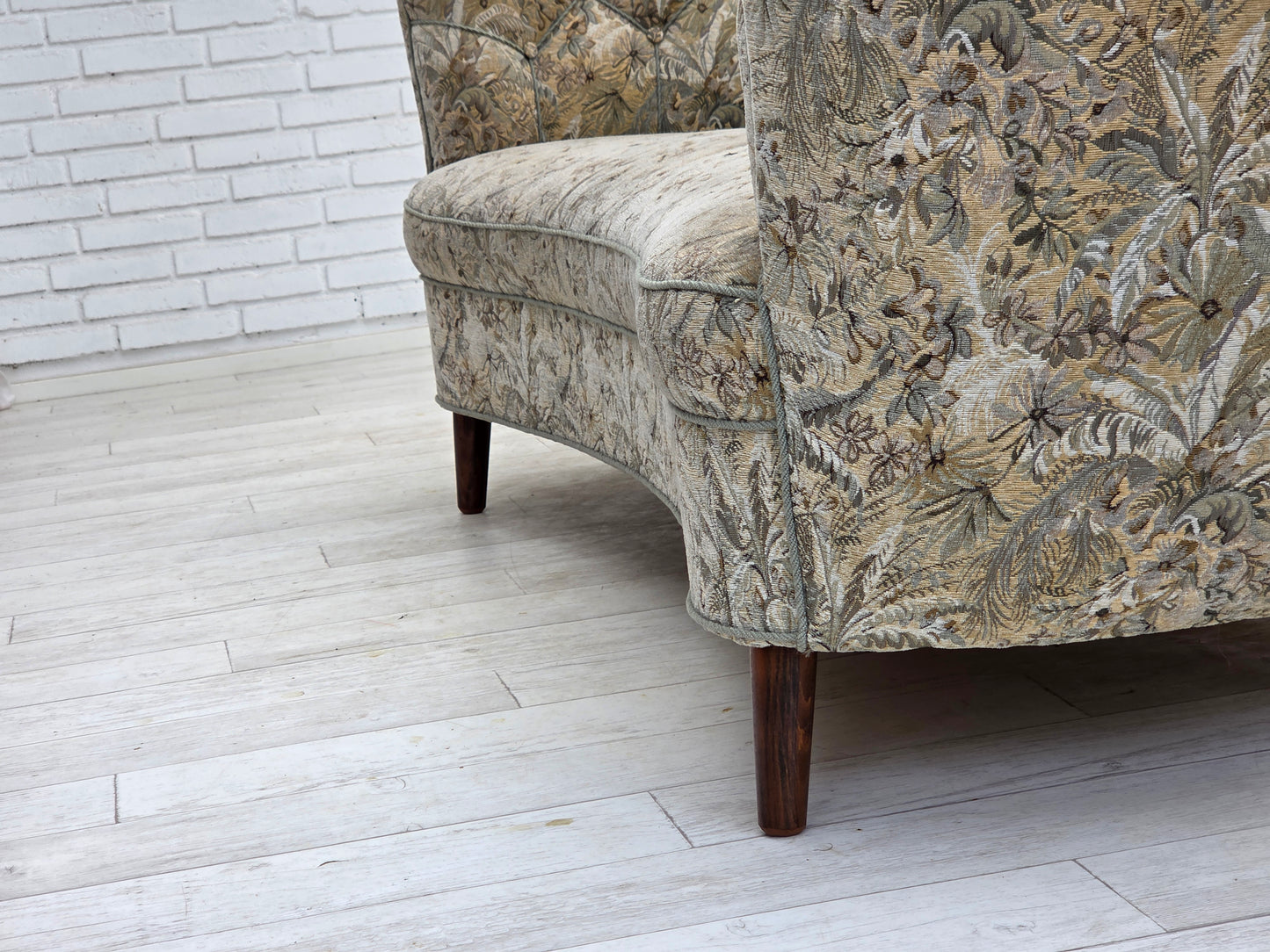 1970s, Danish 3 seater curved sofa, original multicolor furniture fabric, beech wood.