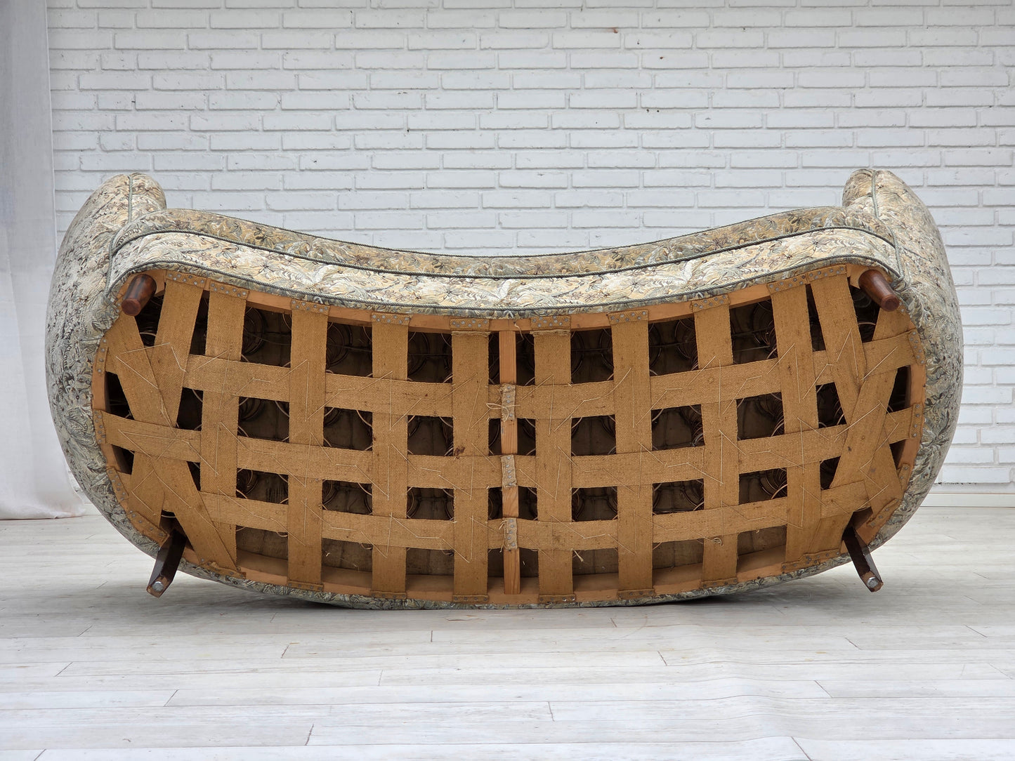 1970s, Danish 3 seater curved sofa, original multicolor furniture fabric, beech wood.