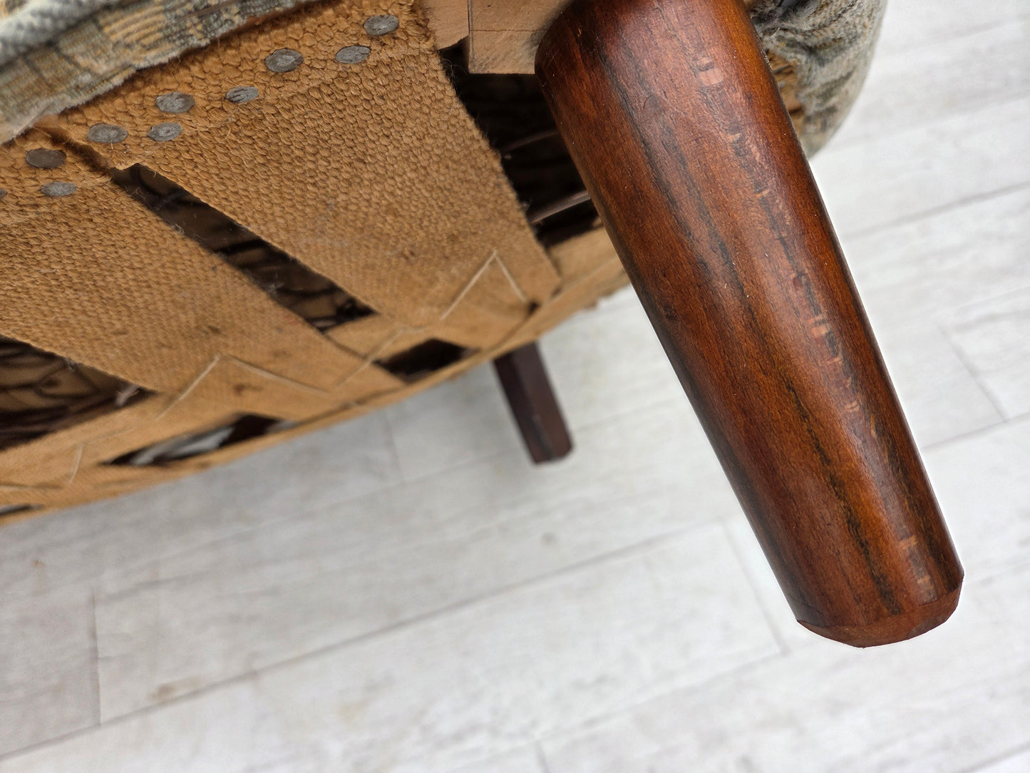 1970s, Danish 3 seater curved sofa, original multicolor furniture fabric, beech wood.