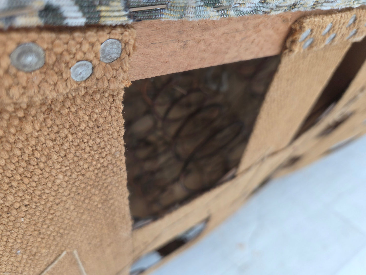 1970s, Danish 3 seater curved sofa, original multicolor furniture fabric, beech wood.