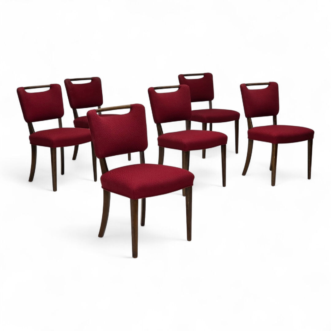 1960s, set of 6 pcs Danish dining chairs by Slagelse Møbelværk, furniture wool, beech wood.