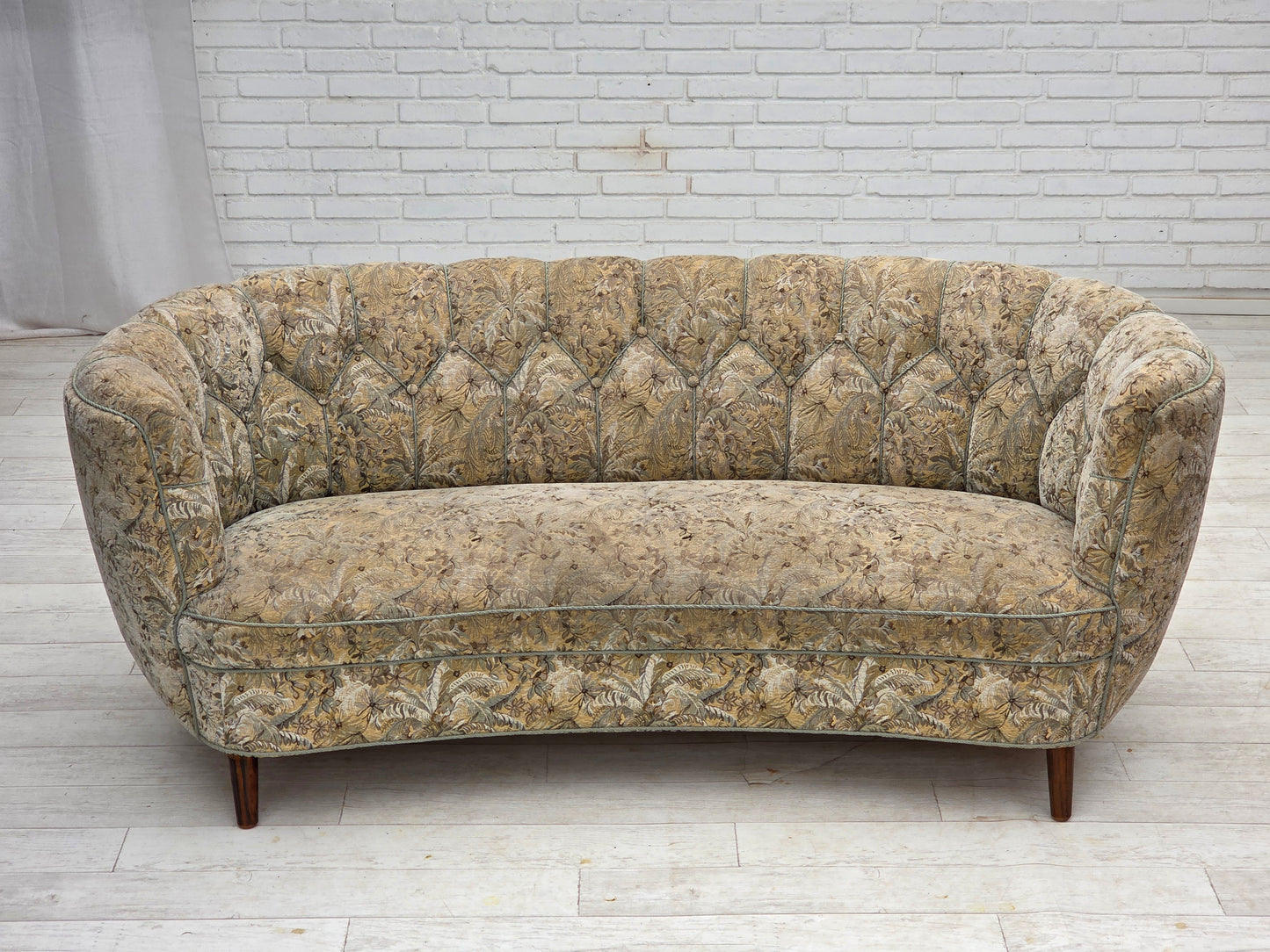1970s, Danish 3 seater curved sofa, original multicolor furniture fabric, beech wood.