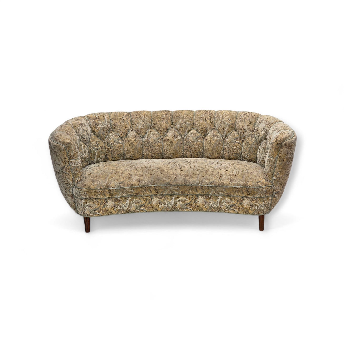 1970s, Danish 3 seater curved sofa, original multicolor furniture fabric, beech wood.