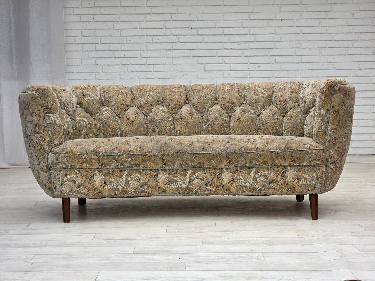 1970s, Danish 3 seater curved sofa, original multicolor furniture fabric, beech wood.