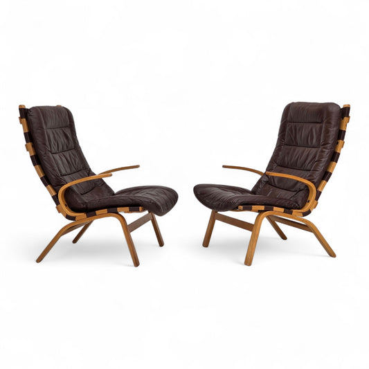 1970s, Danish design by Farstrup, set of 2 armchairs, furniture leather, bent wood.