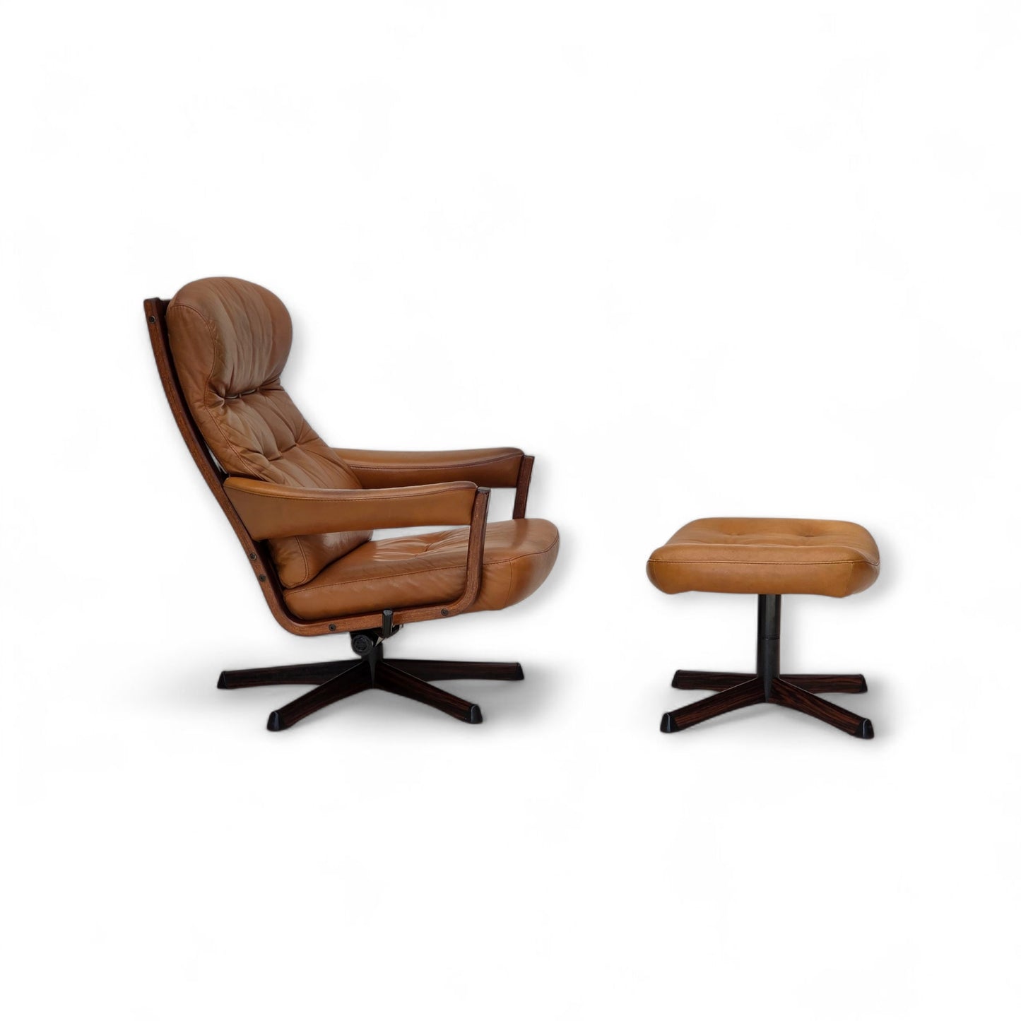 1970s, Swedish design by Gote Möbler, swivel chair with footstool, leather.