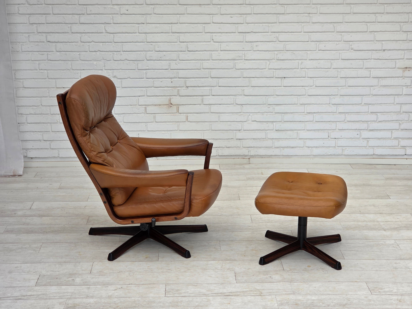 1970s, Swedish design by Gote Möbler, swivel chair with footstool, leather.