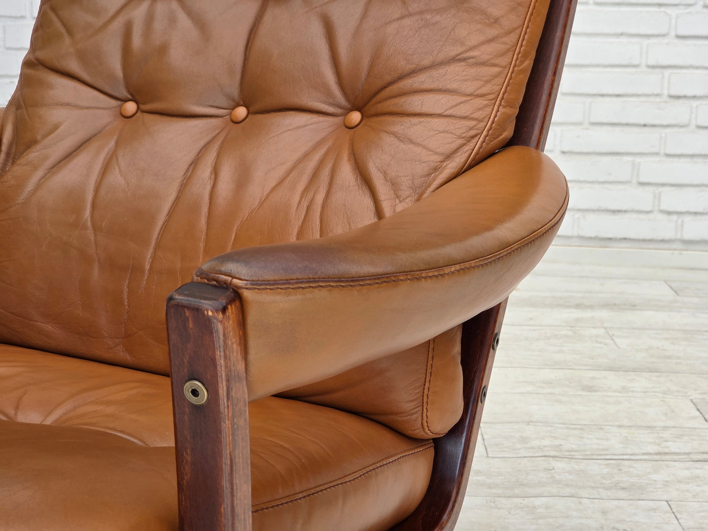1970s, Swedish design by Gote Möbler, swivel chair with footstool, leather.