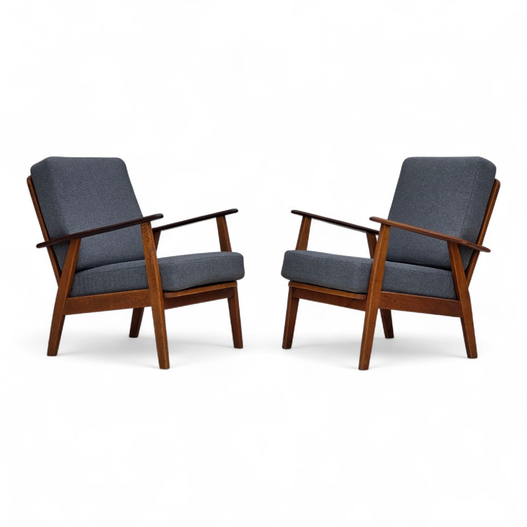 1970s, pair of Danish armchairs, reupholstered, furniture wool, teak and oak wood.