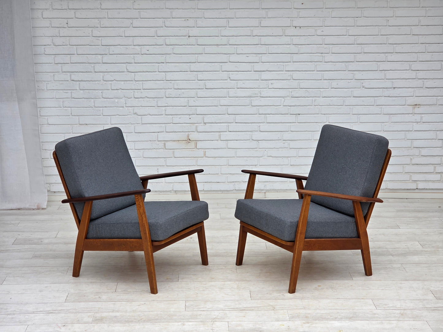 1970s, pair of Danish armchairs, reupholstered, furniture wool, teak and oak wood.