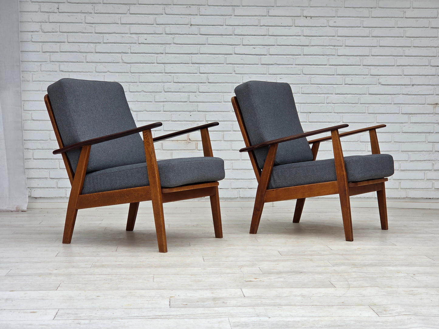 1970s, pair of Danish armchairs, reupholstered, furniture wool, teak and oak wood.