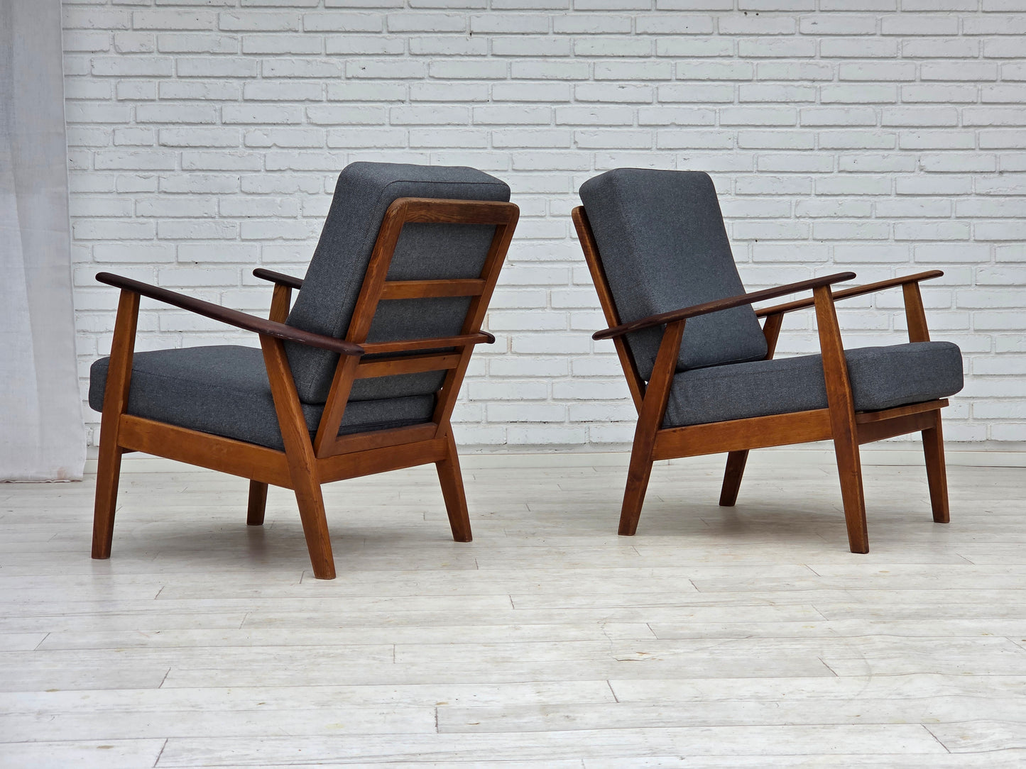 1970s, pair of Danish armchairs, reupholstered, furniture wool, teak and oak wood.