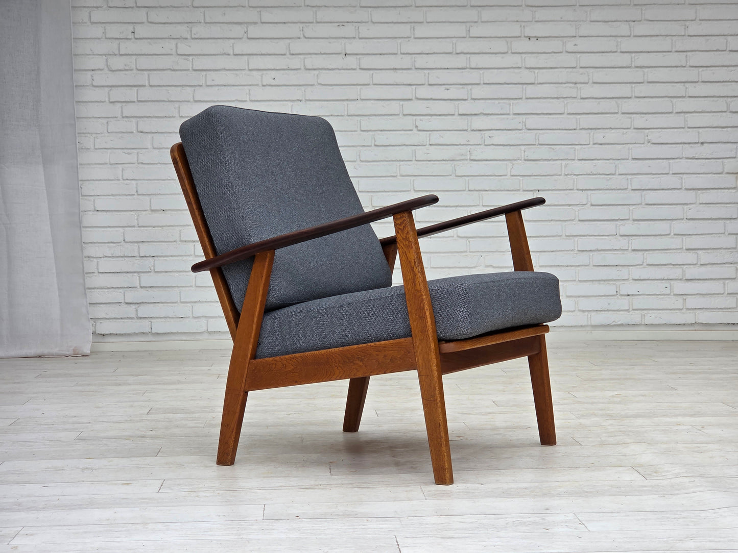 1970s, pair of Danish armchairs, reupholstered, furniture wool, teak and oak wood.