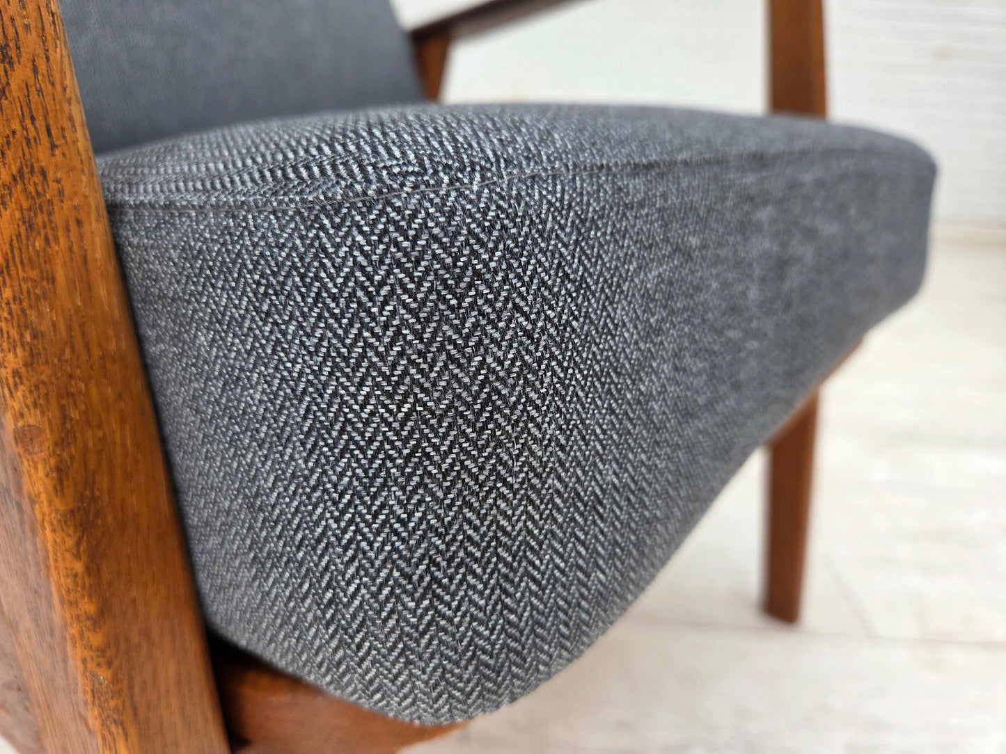 1970s, pair of Danish armchairs, reupholstered, furniture wool, teak and oak wood.