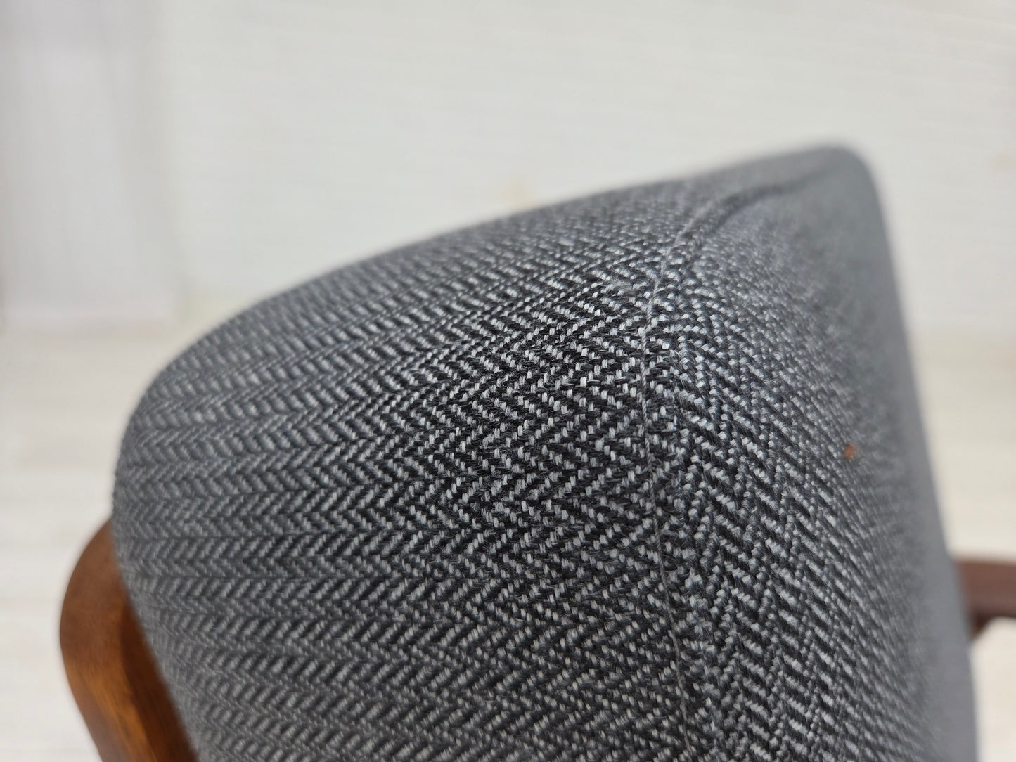 1970s, pair of Danish armchairs, reupholstered, furniture wool, teak and oak wood.