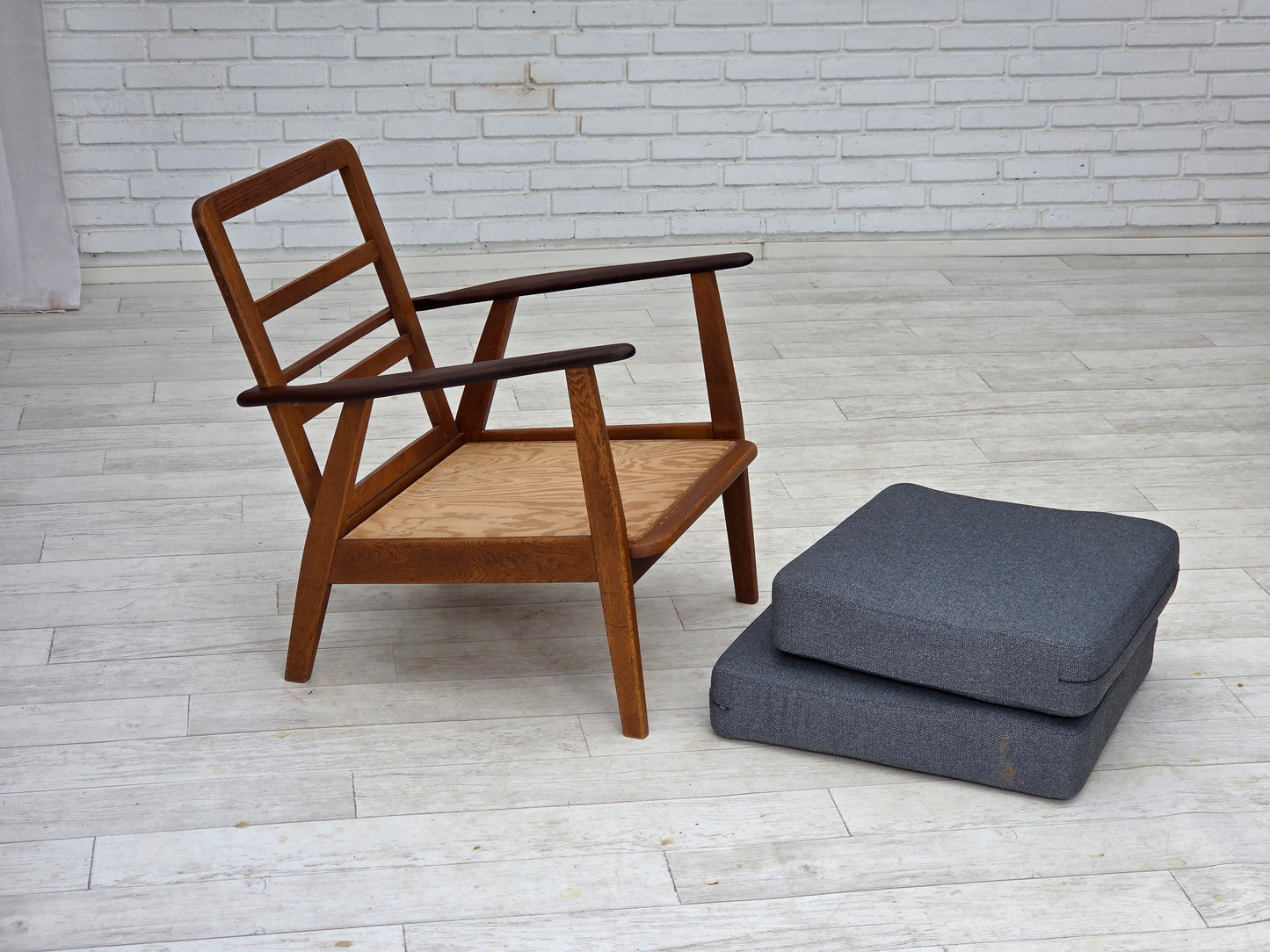 1970s, pair of Danish armchairs, reupholstered, furniture wool, teak and oak wood.