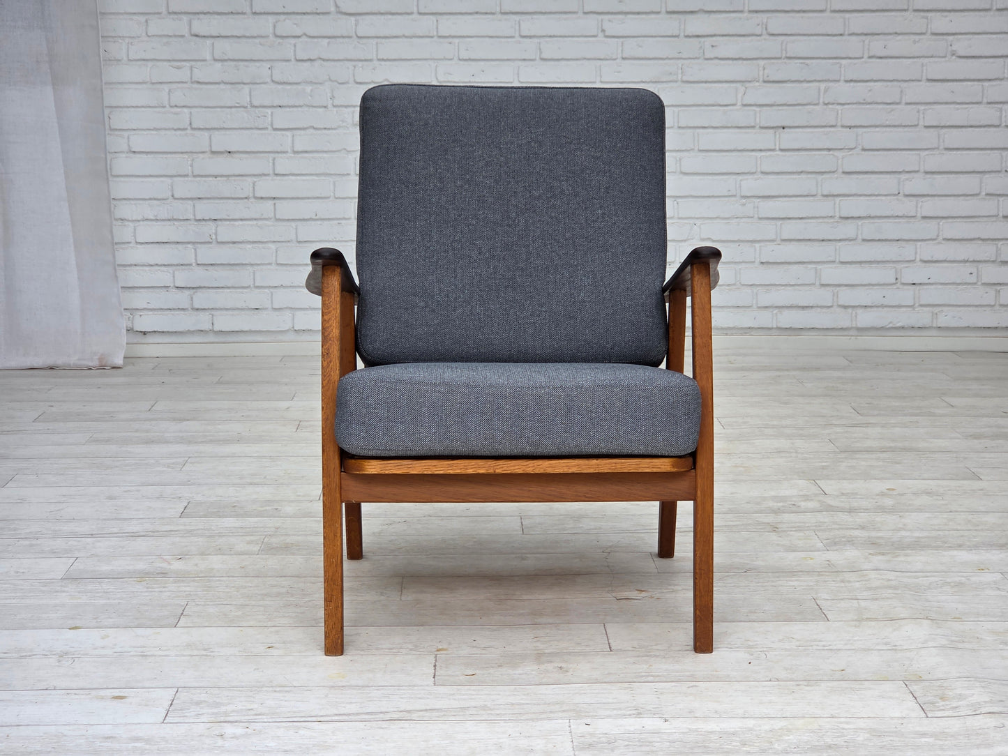 1970s, pair of Danish armchairs, reupholstered, furniture wool, teak and oak wood.