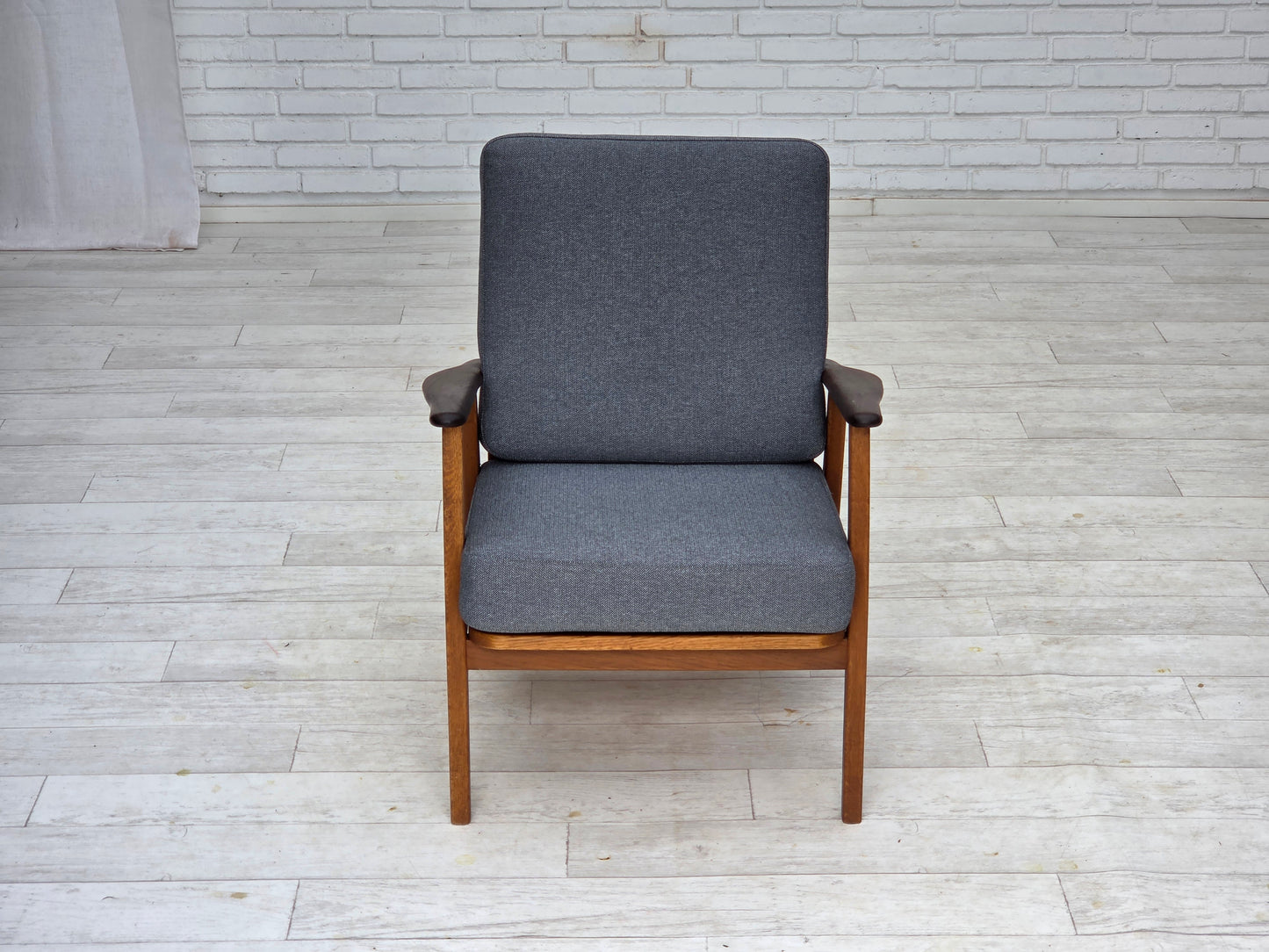 1970s, pair of Danish armchairs, reupholstered, furniture wool, teak and oak wood.