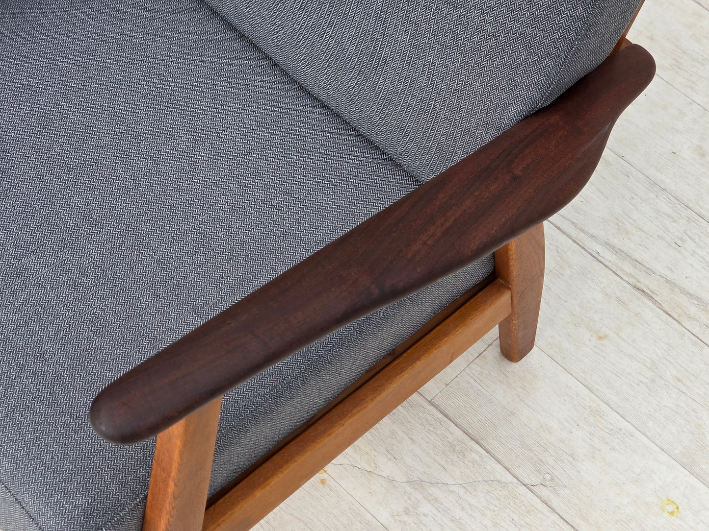 1970s, pair of Danish armchairs, reupholstered, furniture wool, teak and oak wood.