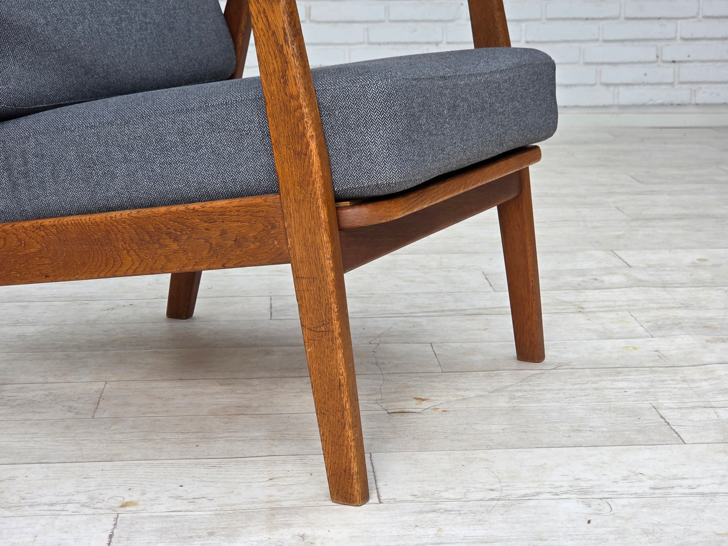 1970s, pair of Danish armchairs, reupholstered, furniture wool, teak and oak wood.