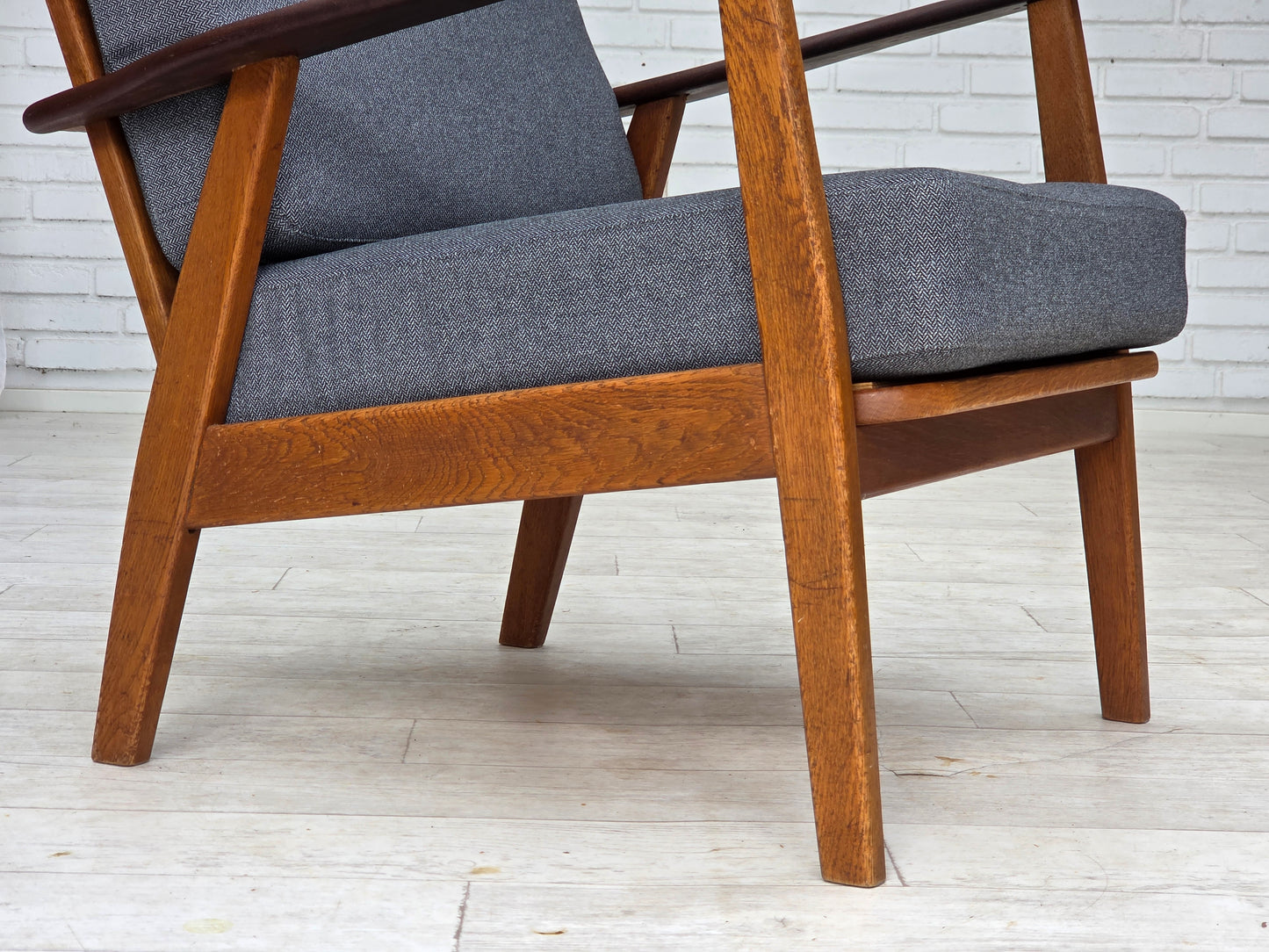 1970s, pair of Danish armchairs, reupholstered, furniture wool, teak and oak wood.