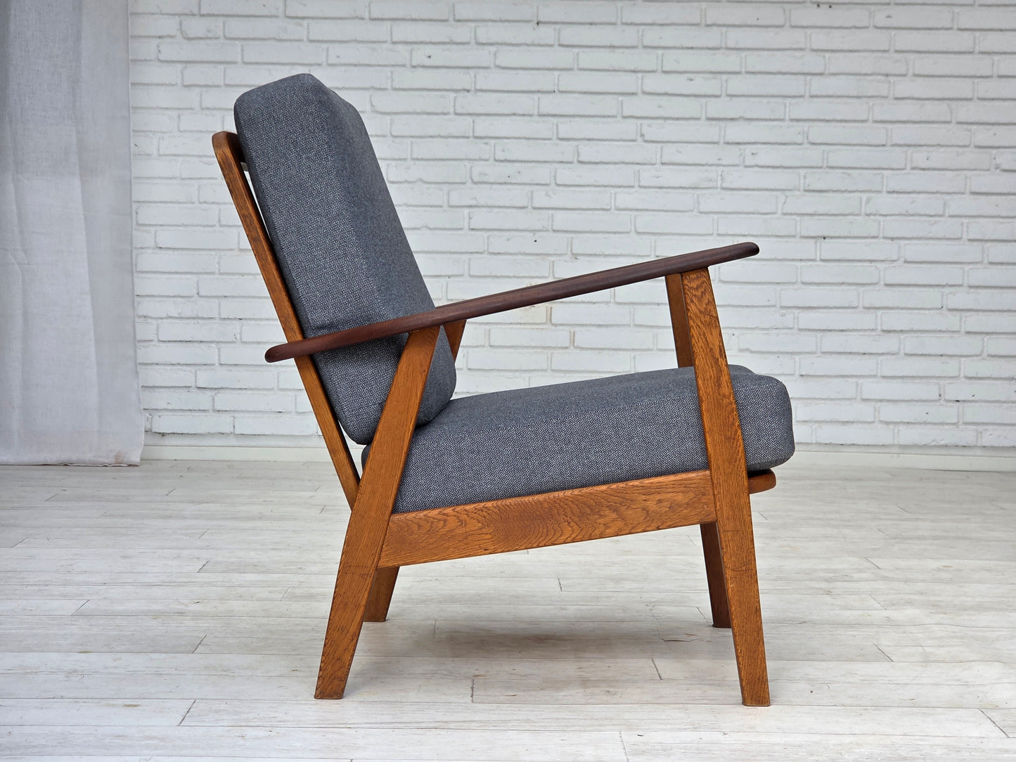 1970s, pair of Danish armchairs, reupholstered, furniture wool, teak and oak wood.