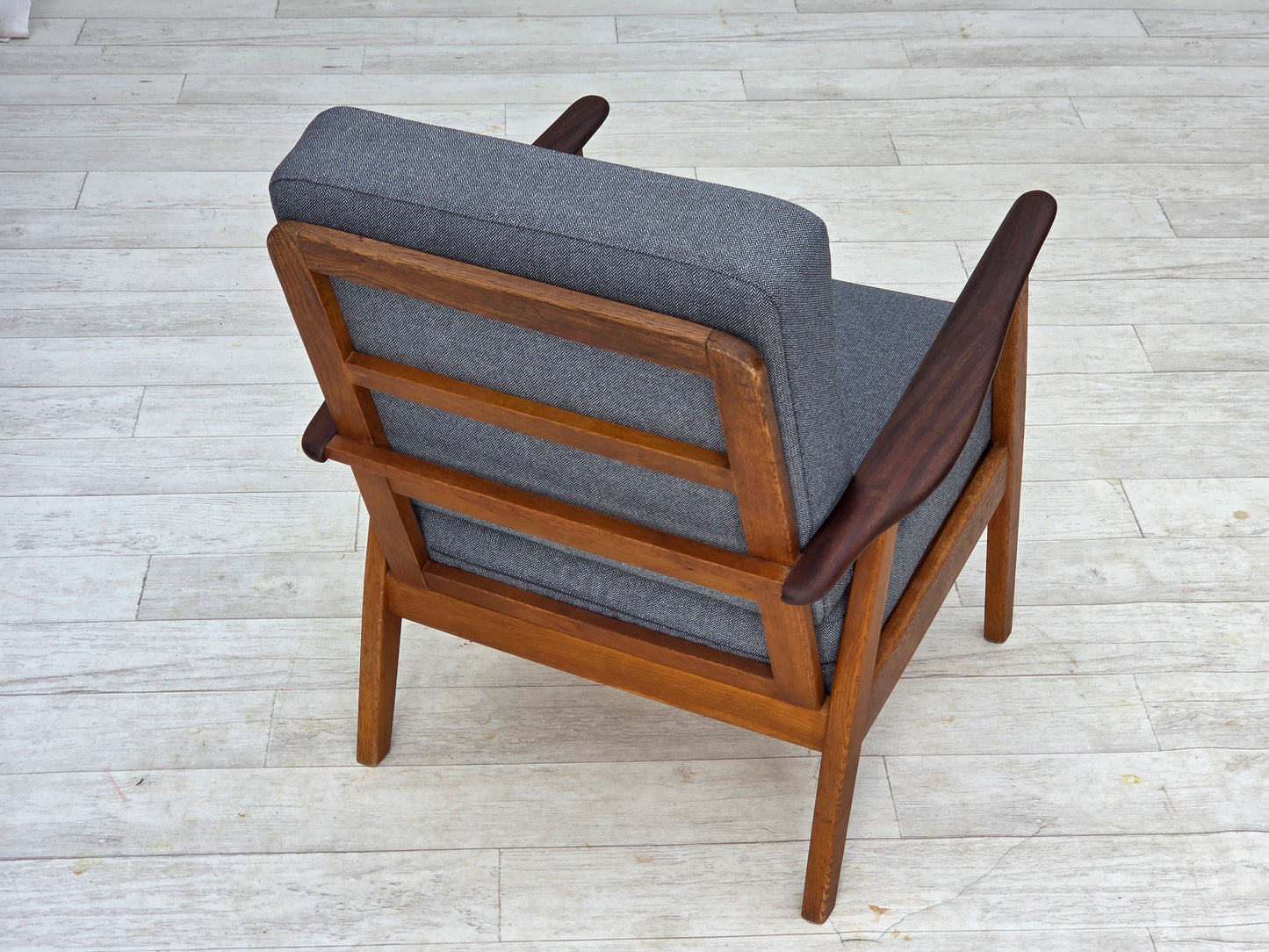 1970s, pair of Danish armchairs, reupholstered, furniture wool, teak and oak wood.